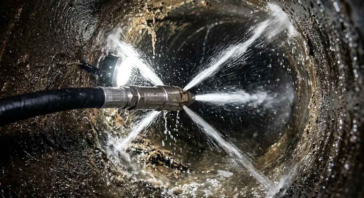 High-pressure hydro jetting nozzle cleaning sewer pipe for Emergency Drain Service in Davie