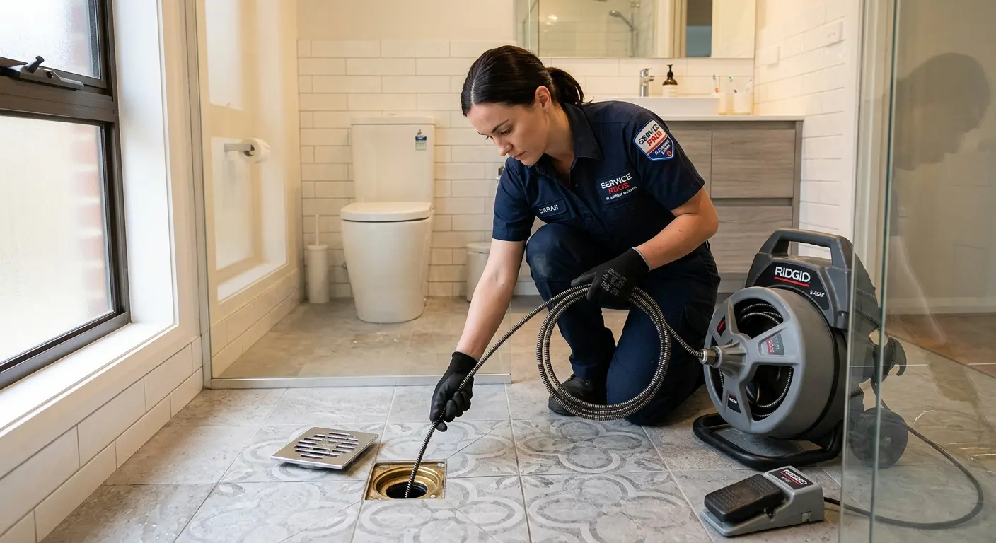 Technician clearing a bathroom floor drain for Drain Cleaning in Davie